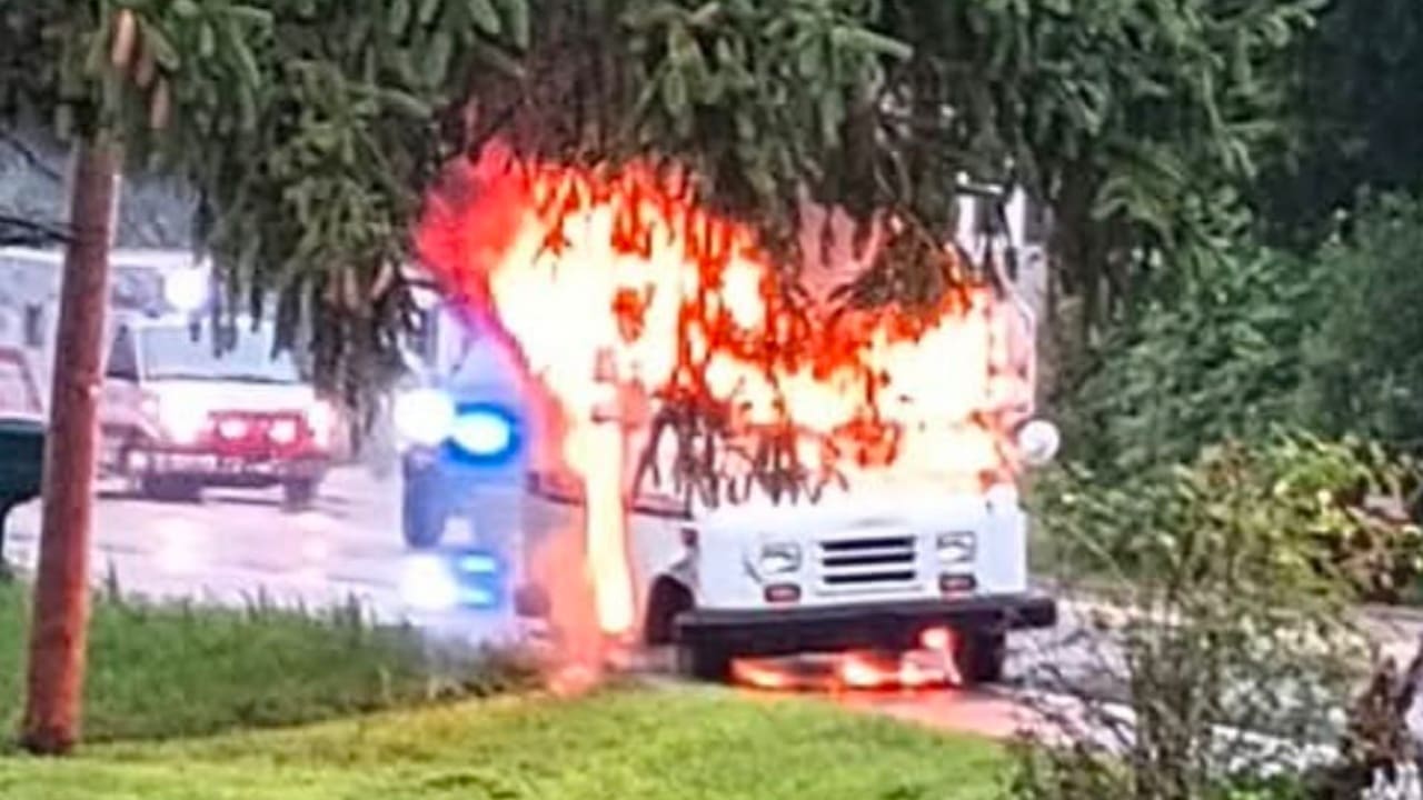 A white vehicle is engulfed in flames on a street, with emergency lights visible in the background. The scene includes greenery and a wet road, indicating recent rain.