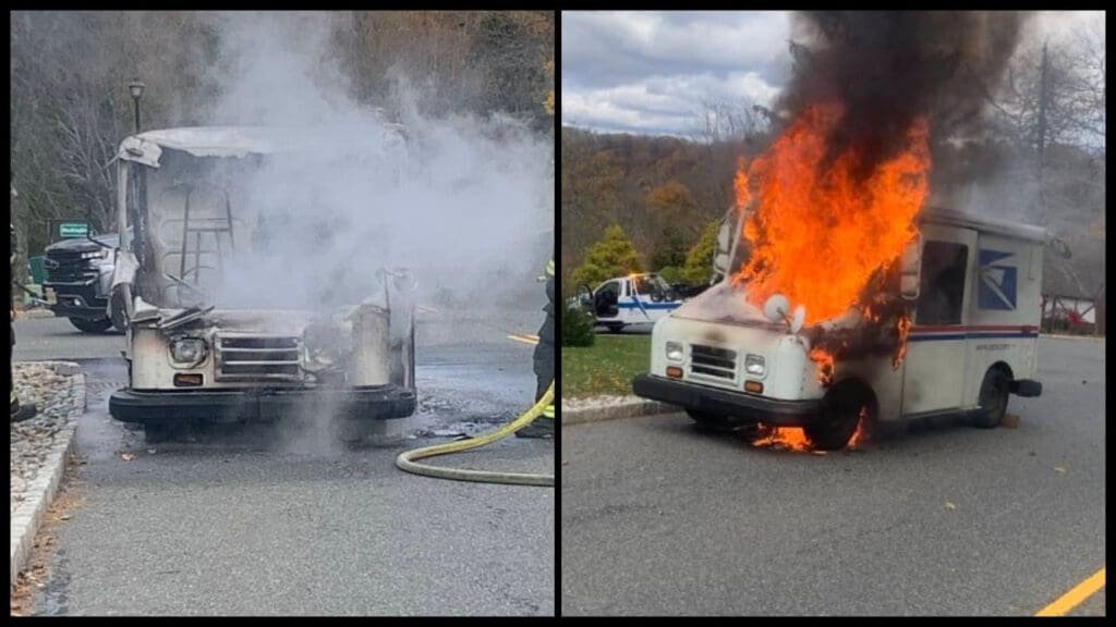 A split image showing a postal delivery vehicle. On the left, the vehicle is heavily damaged and emitting smoke. On the right, the vehicle is engulfed in flames while parked on a road.