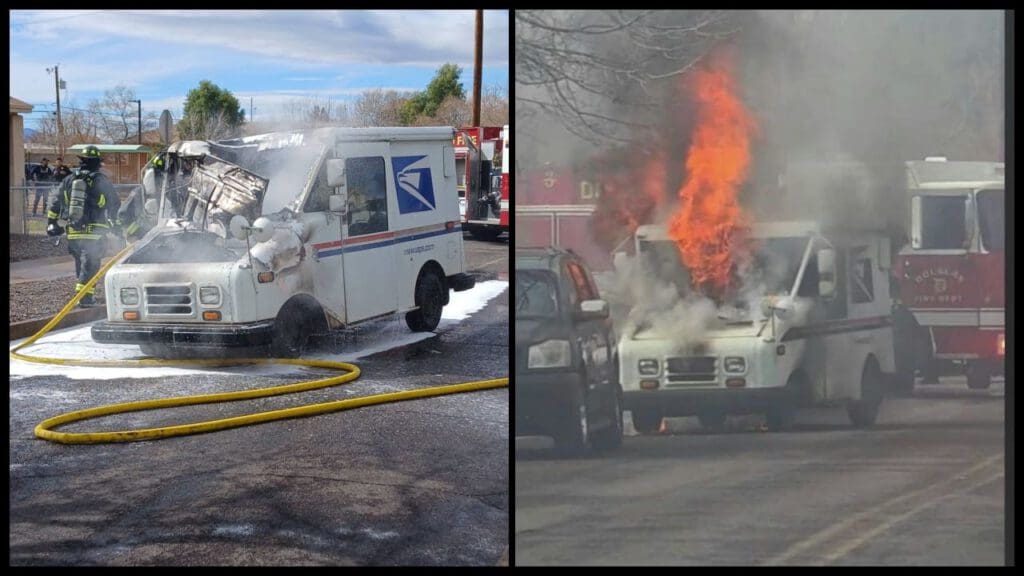 A split image shows a USPS delivery truck on the left with smoke and fire being extinguished by firefighters, and on the right, the truck is engulfed in flames with visible smoke and emergency vehicles nearby.